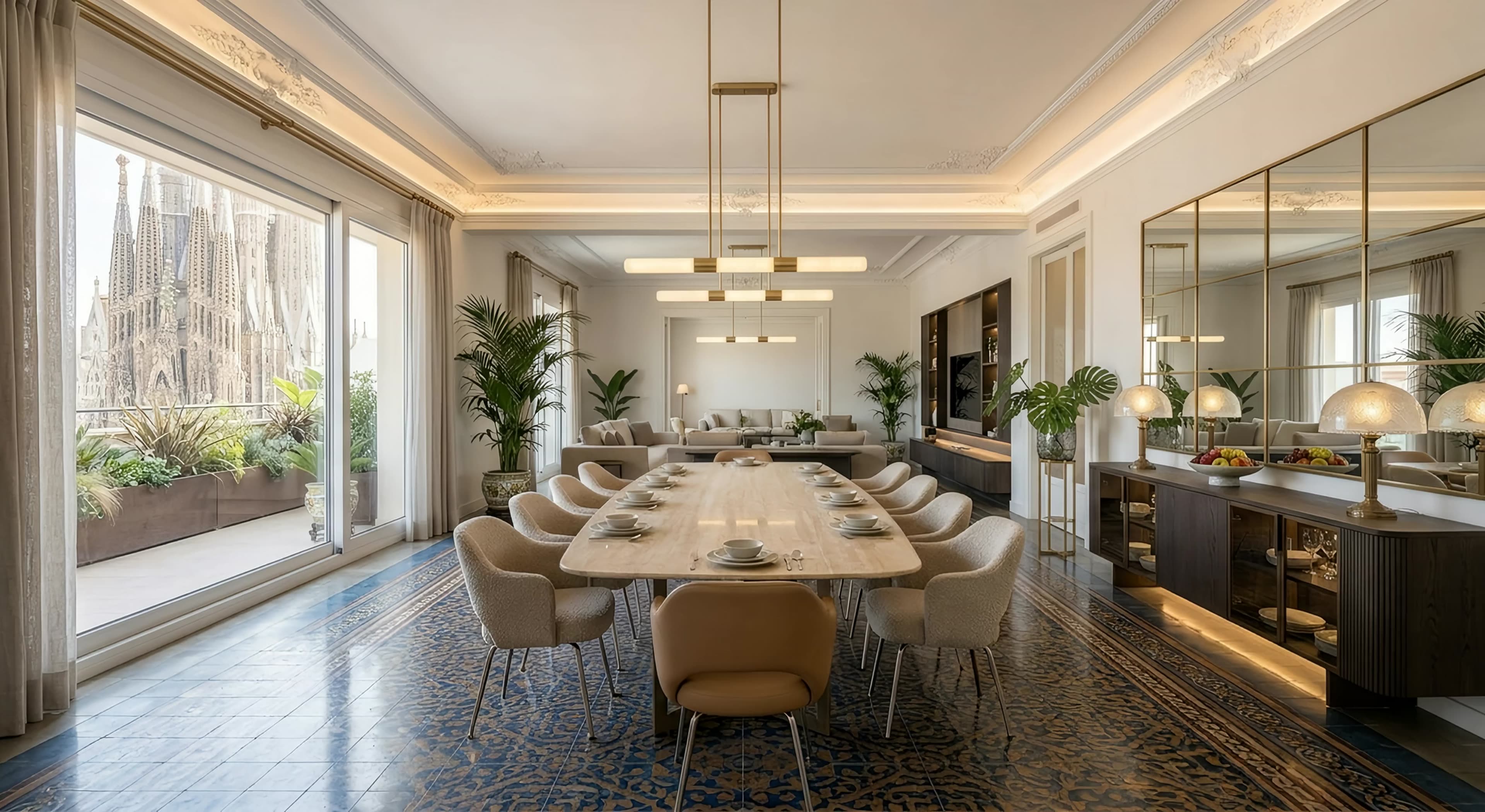 Comedor de estilo clásico preparado para la venta, con mobiliario de diseño y luz natural