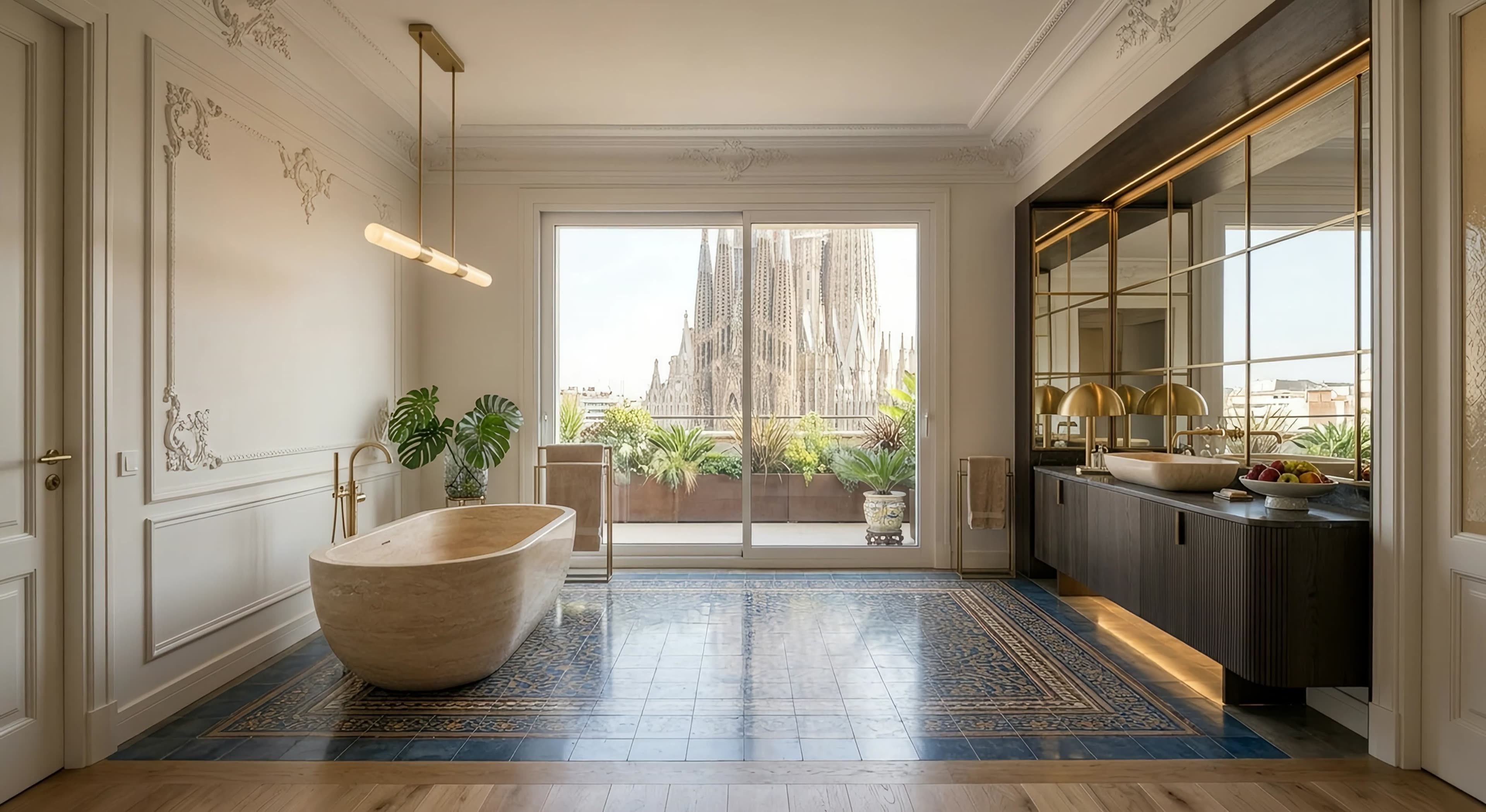 Baño con bañera exenta de travertino, suelo hidráulico y vistas a la Sagrada Família